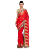 Red Faux Chiffon Saree with Zari Work