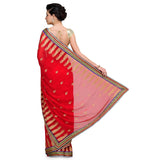 Red Faux Chiffon Saree with Zari Work