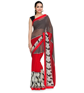 Red & Grey Faux Georgette Saree