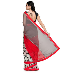 Red & Grey Faux Georgette Saree