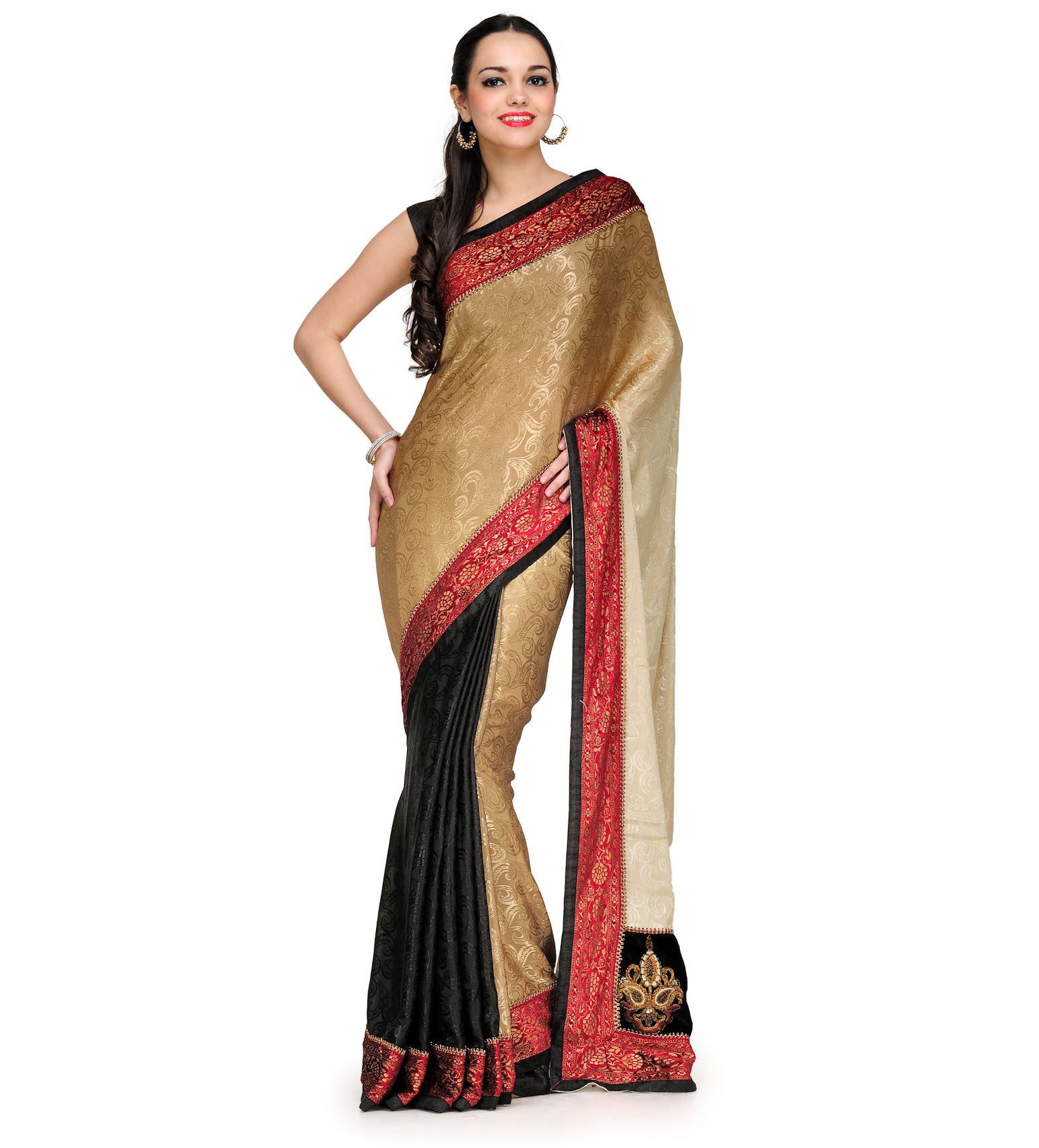 Fawn & Black Semi Crepe Saree