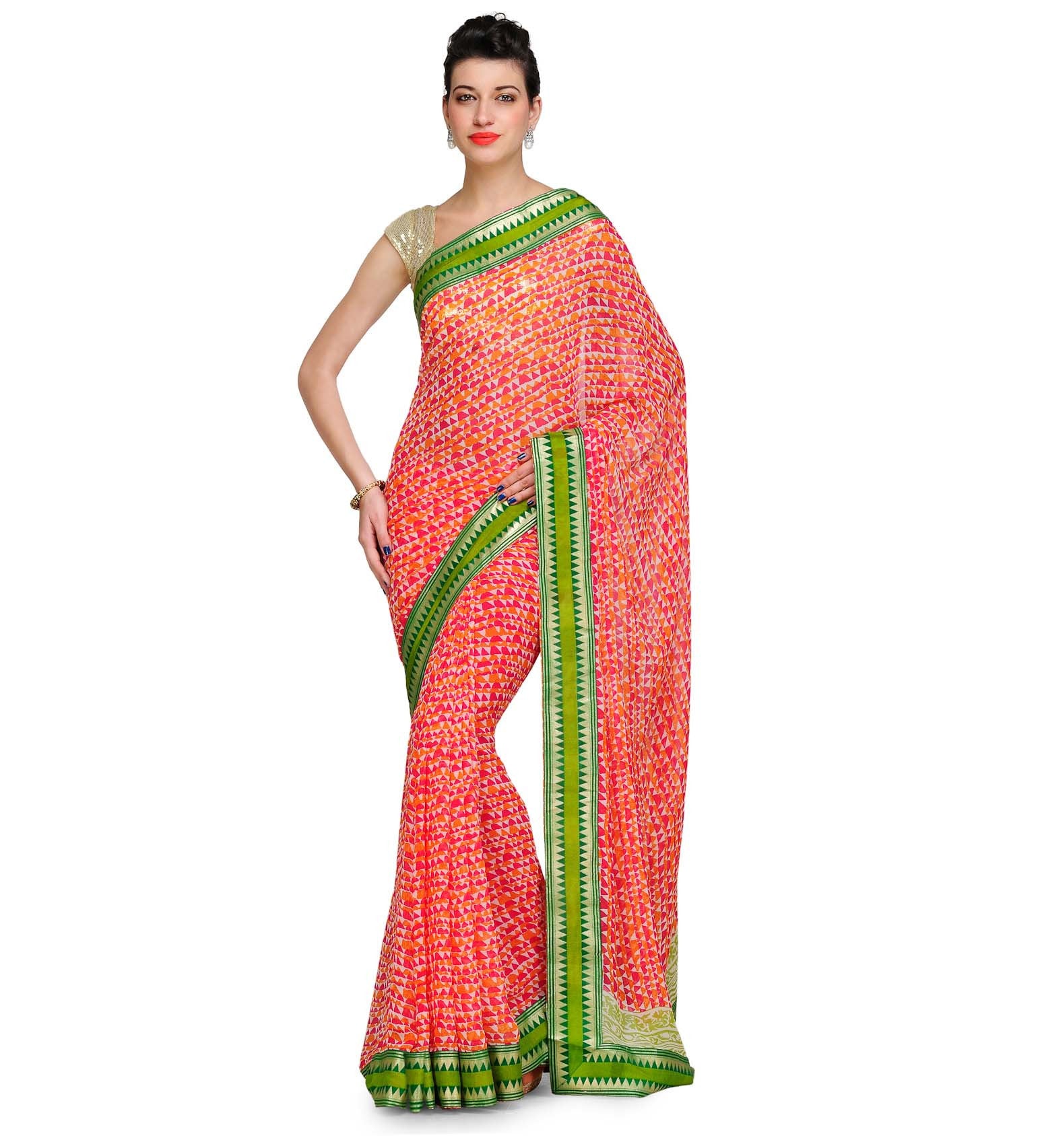 Magenta & Orange Faux Georgette Saree