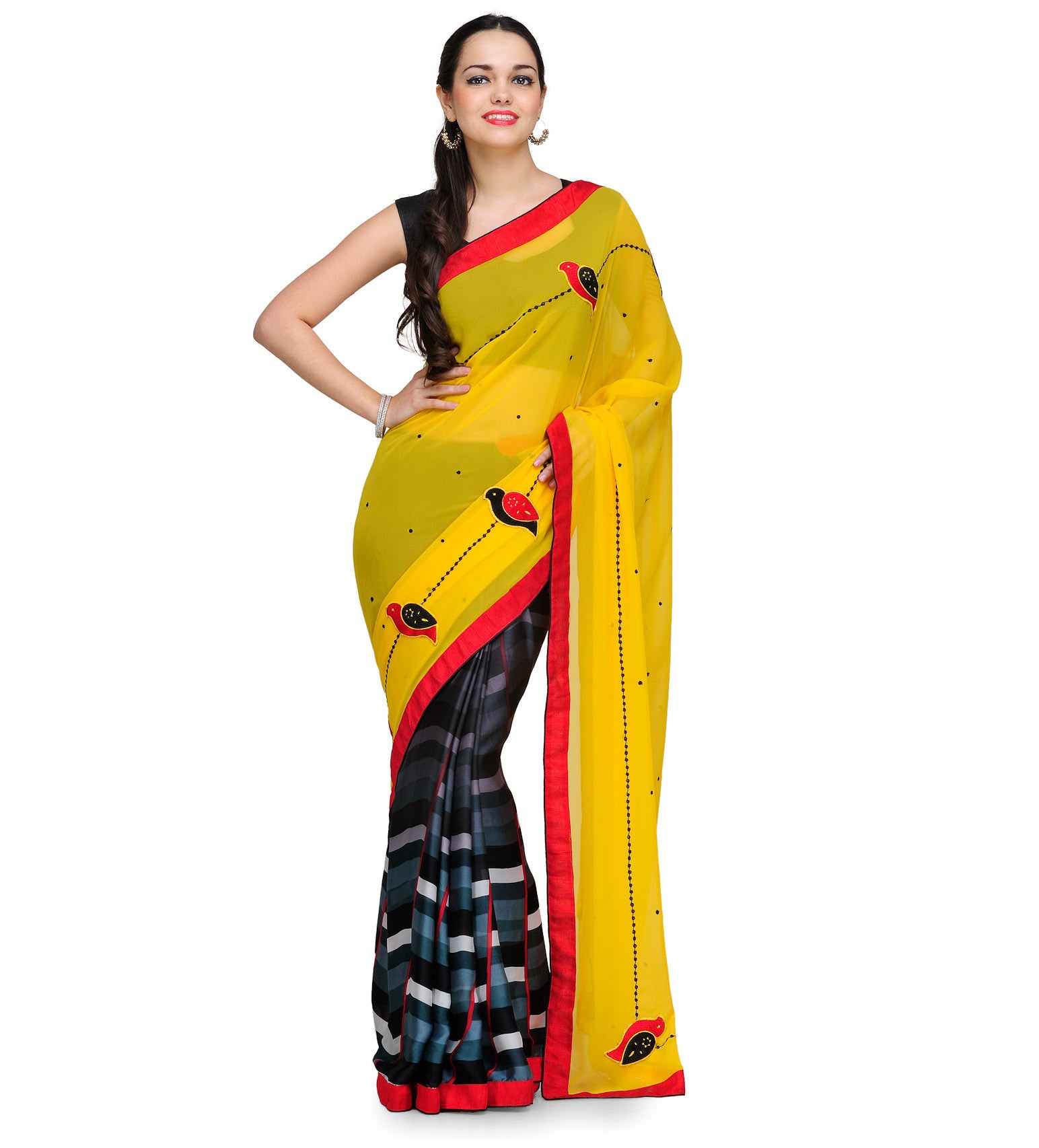 Yellow & Grey Faux Georgette Saree