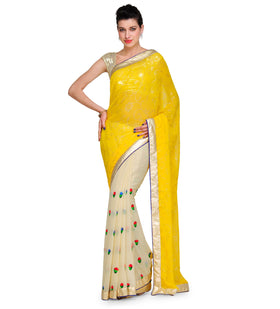 Yellow & Beige Faux Chiffon Saree