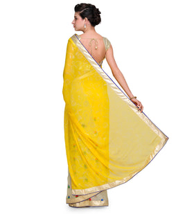 Yellow & Beige Faux Chiffon Saree