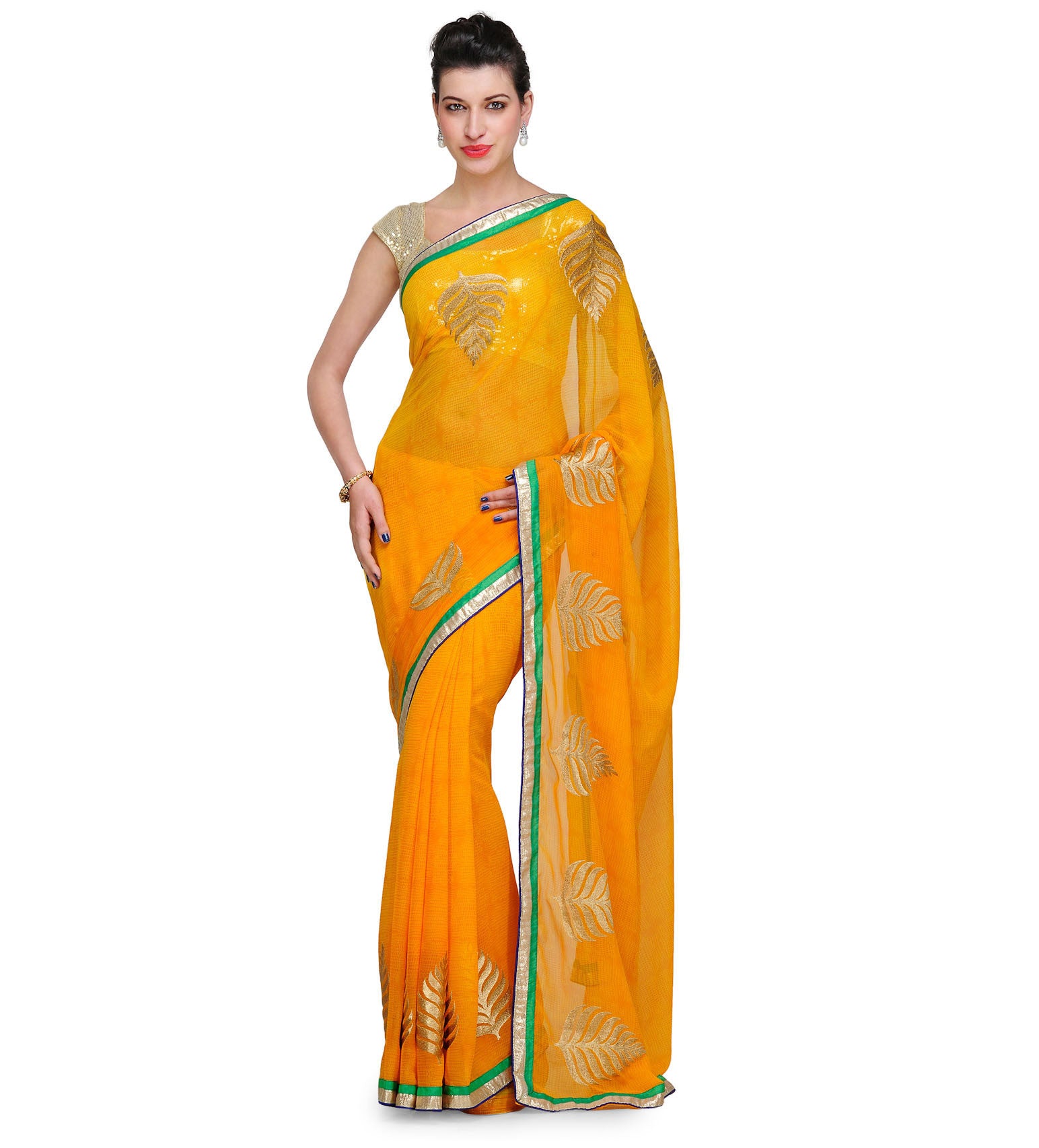 Yellow Faux Chiffon Saree with Zari Work