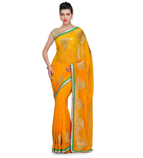 Yellow Faux Chiffon Saree with Zari Work