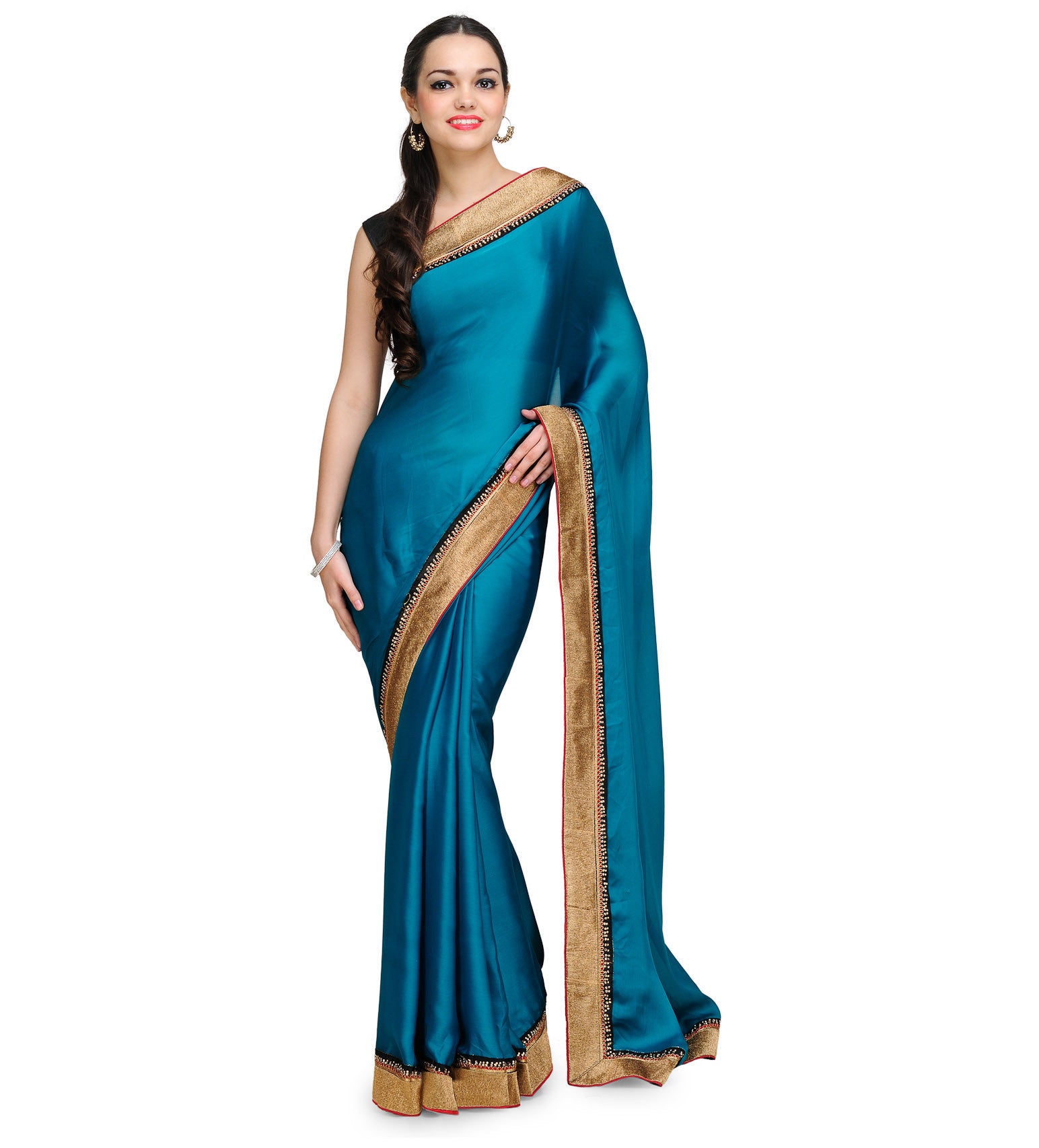 Blue Satin Saree with Brocade Border