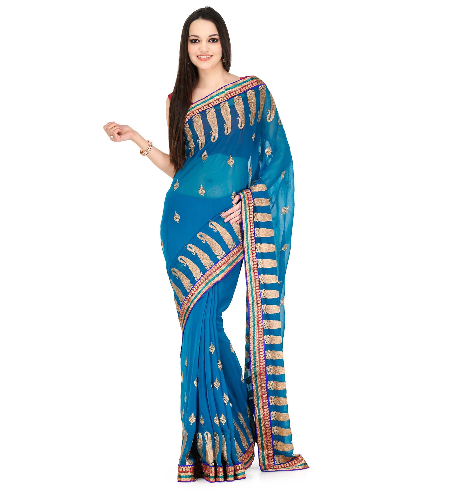 Turquoise Faux Chiffon Saree