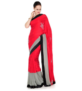 Red Semi Crepe & Faux Georgette Saree