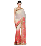 Off White & Salmon Shaded Faux Georgette Saree