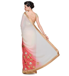 Off White & Salmon Shaded Faux Georgette Saree