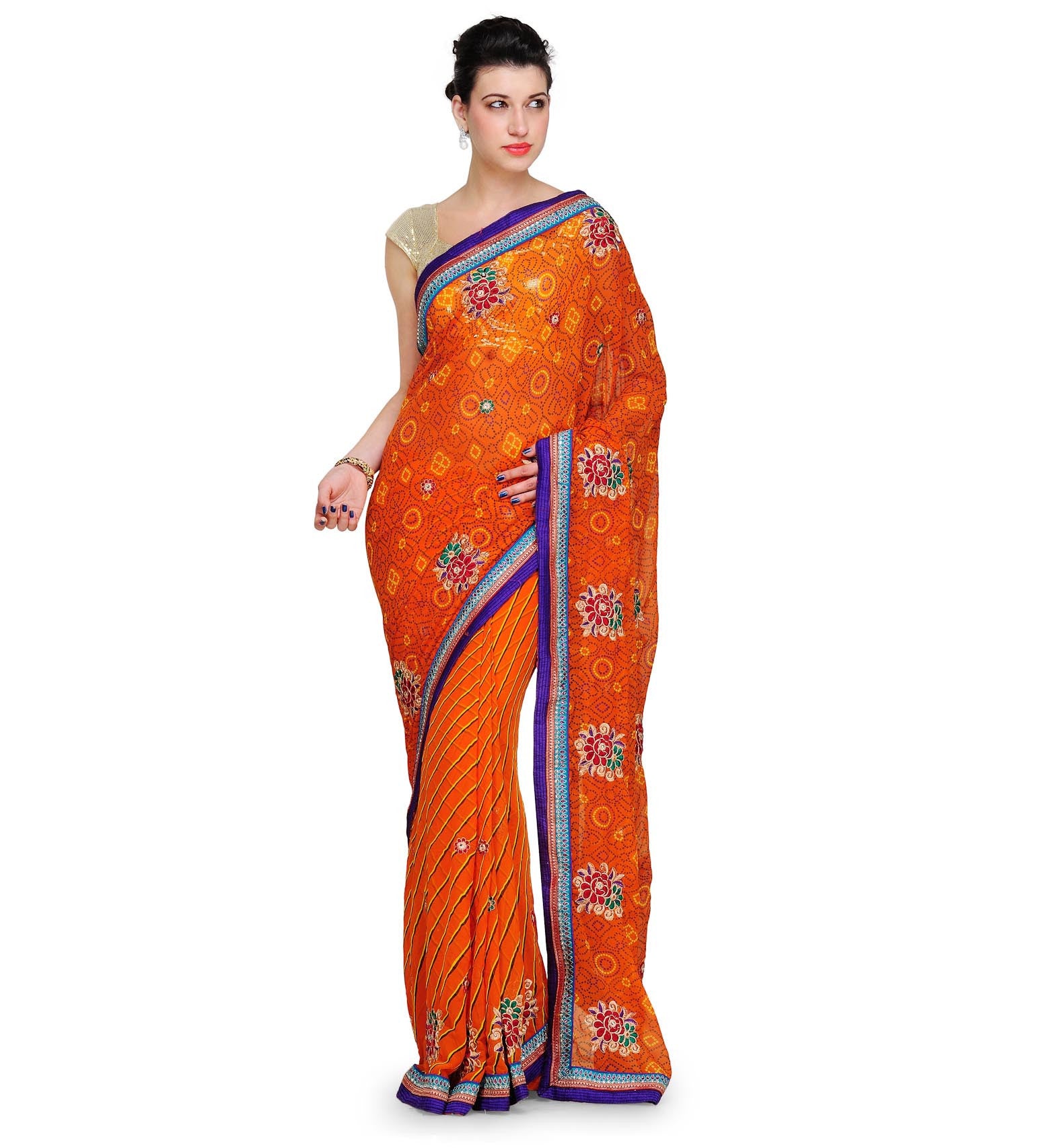 Orange Faux Georgette Saree