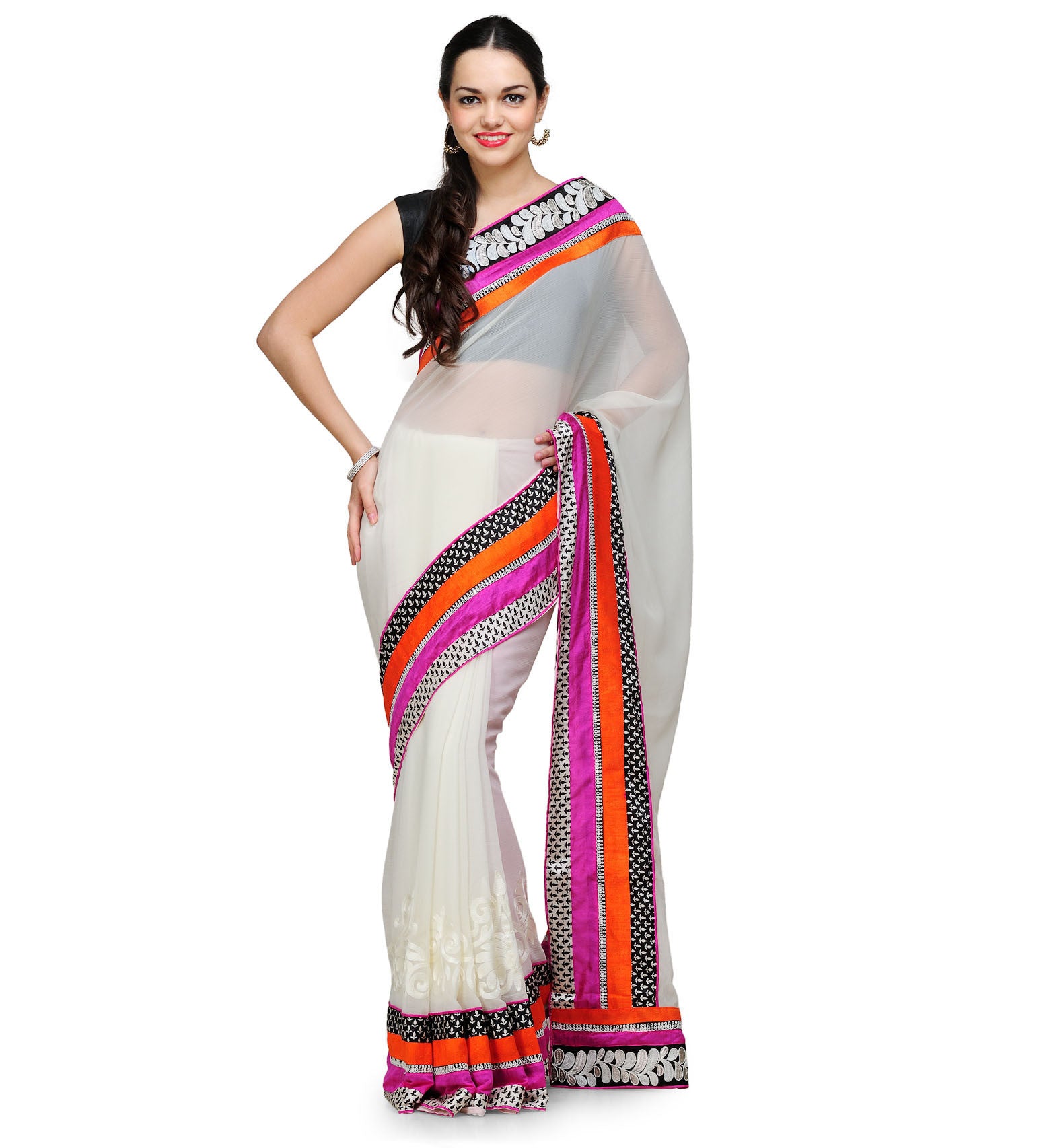 Off White Faux Chiffon Saree