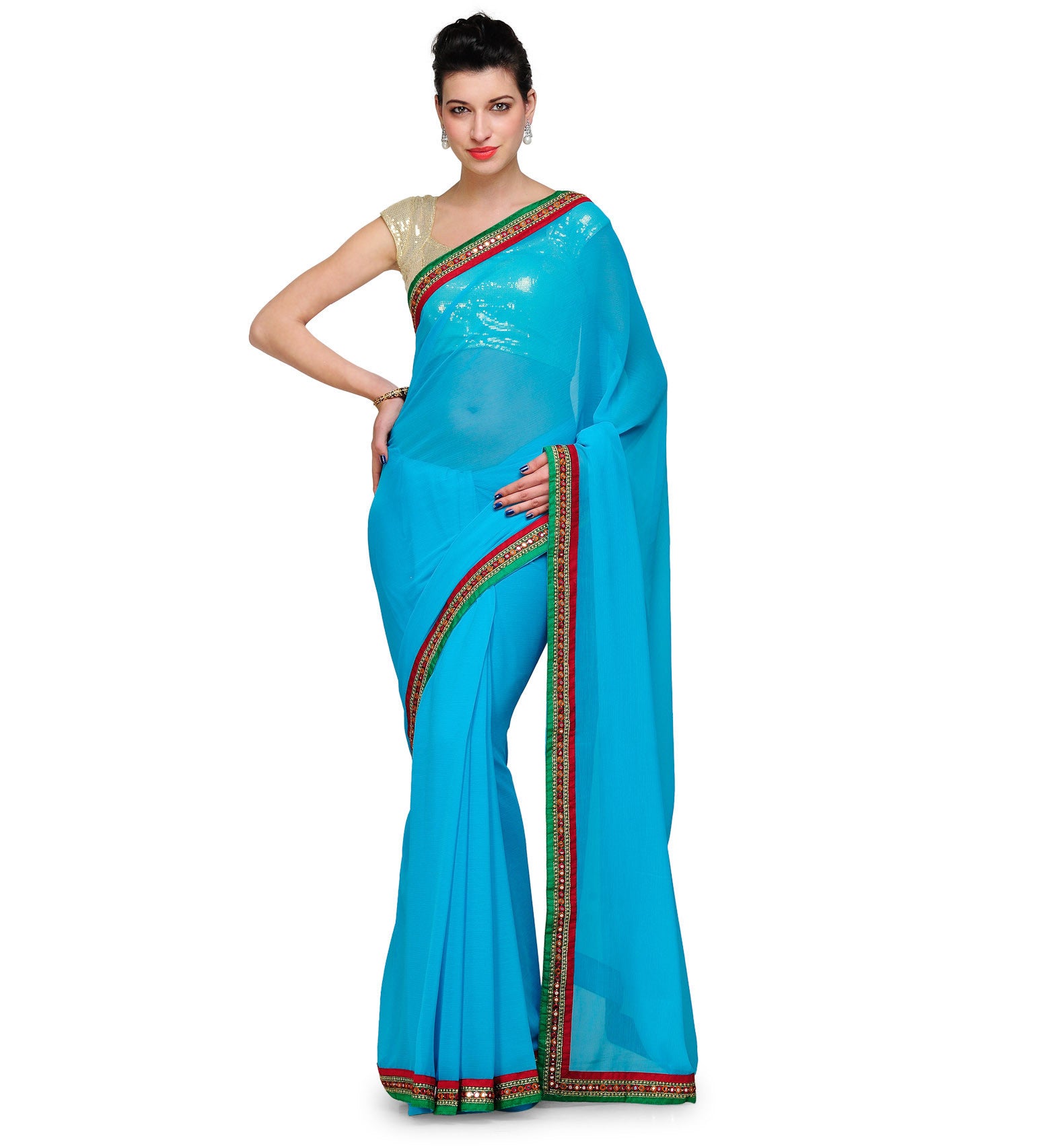 Turquoise Faux Chiffon Saree