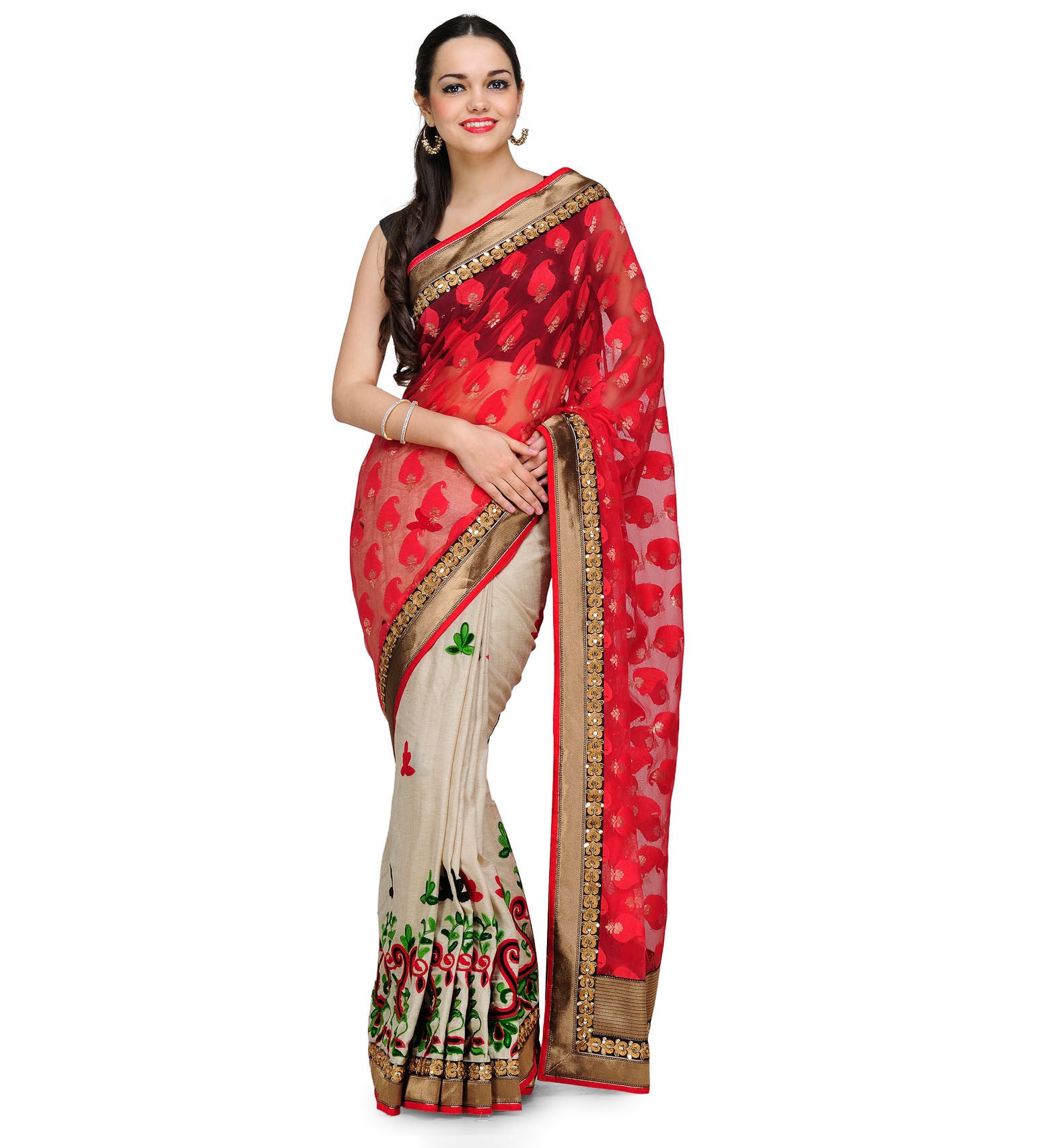 Red & Beige Net Brasso Saree