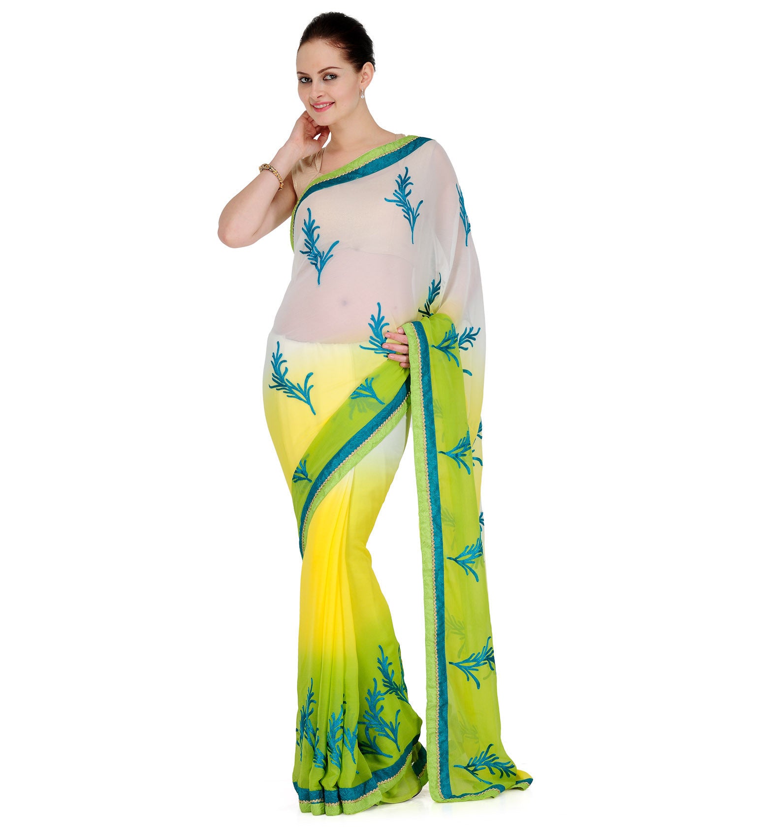 White & Yellow Shaded Faux Chiffon Saree