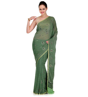 Green Faux Chiffon Leheriya Printed Saree