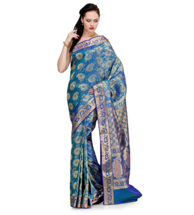 Turquoise Zari Woven Silk Saree