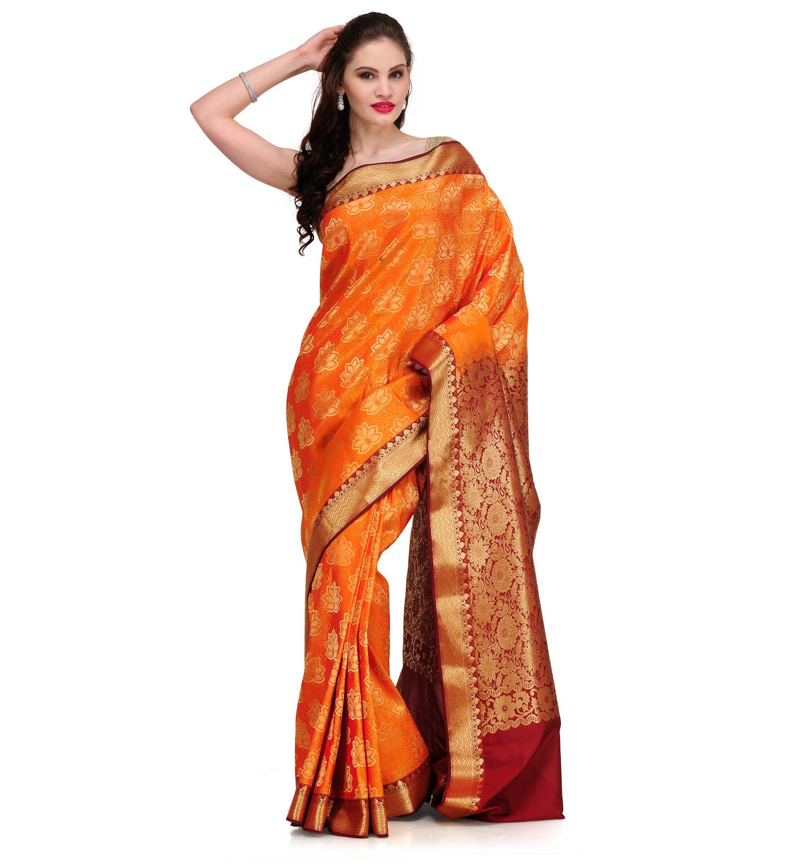 Orange Zari Woven Silk Saree