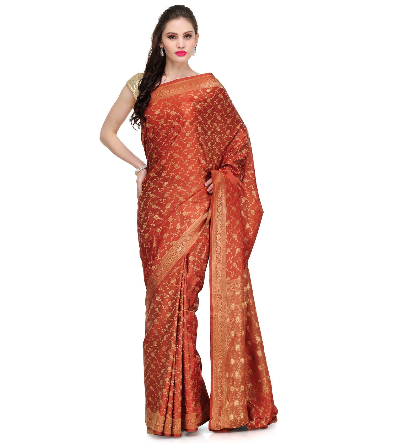 Rust Zari Woven Silk Saree