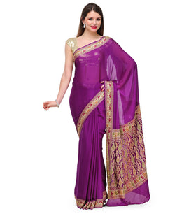 Purple Resham Woven Pure Crepe Saree