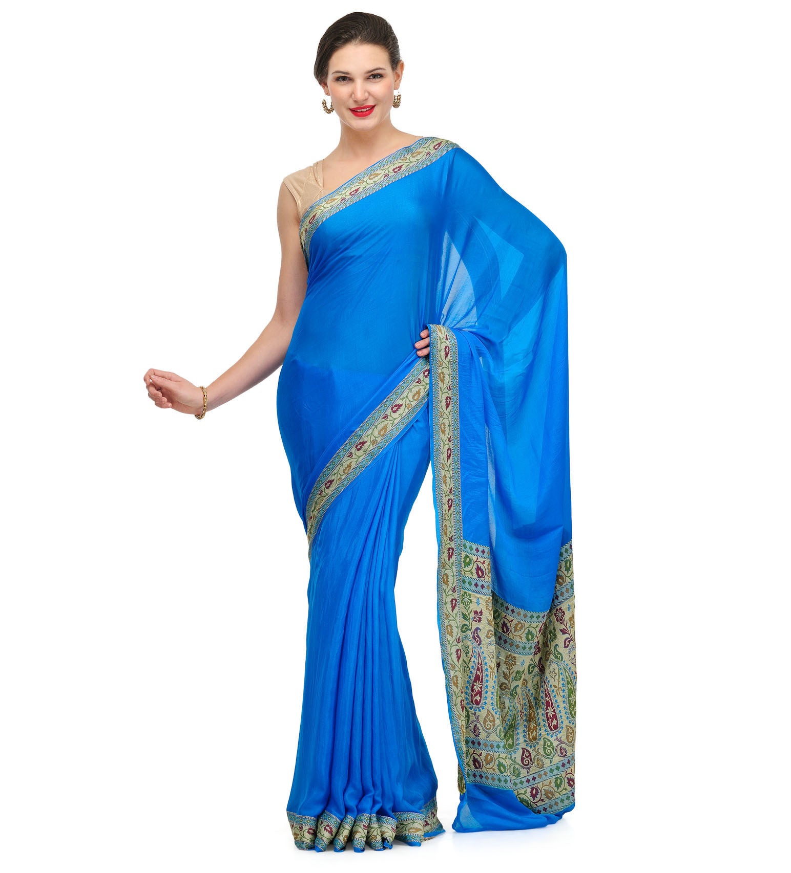 Turquoise Resham Woven Pure Crepe Saree