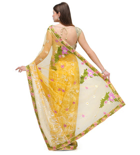 Yellow Net & Brasso Saree