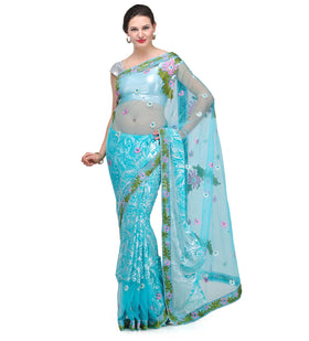 Turquoise Net & Brasso Saree