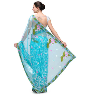 Turquoise Net & Brasso Saree