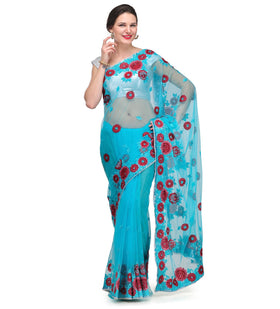 Turquoise Net Saree with Pearl Border