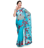 Turquoise Net Saree with Pearl Border