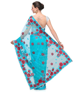 Turquoise Net Saree with Pearl Border