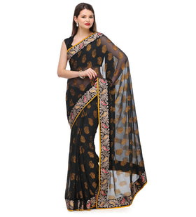 Black Faux Chiffon Jacquard Saree