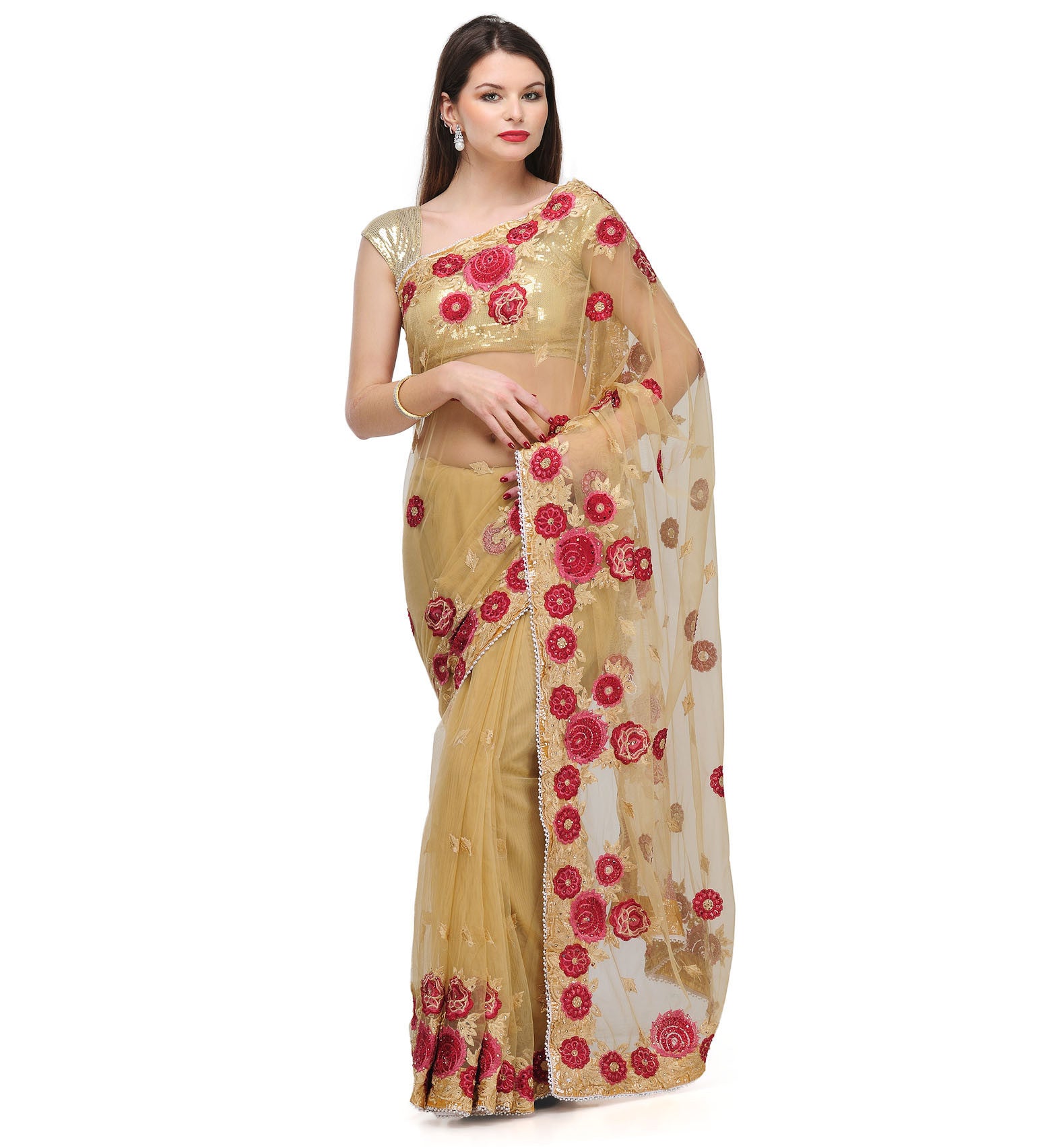 Fawn Net Saree with Pearl Border