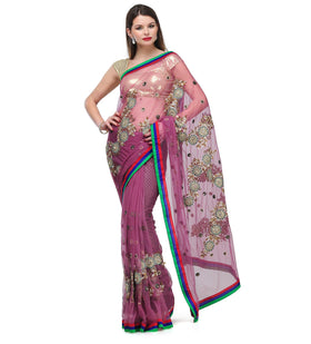 Wine Net Saree with Zari Work