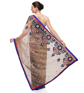 Fawn & Blue Net Saree with Resham Work