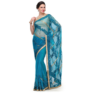 Blue Net Saree with Golden Brocade Border