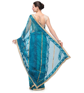 Blue Net Saree with Golden Brocade Border