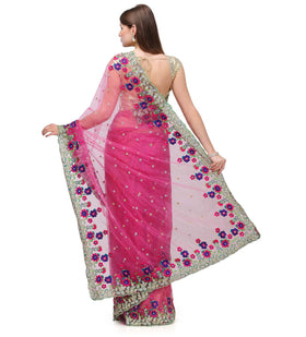 Pink Net Saree with Resham Sequin Work