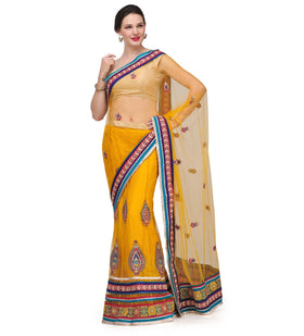 Yellow Net Lehenga Style Saree