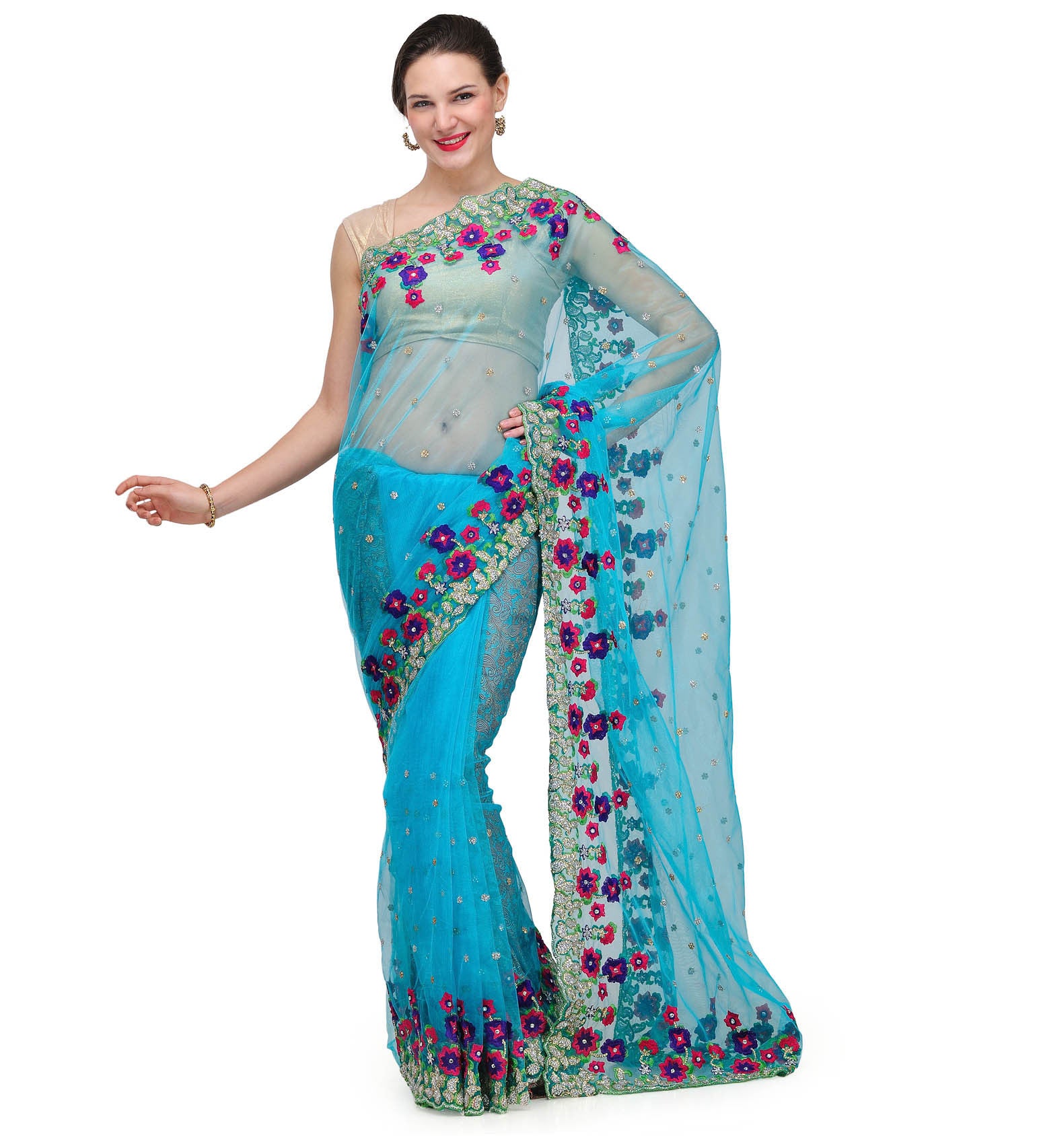 Turquoise Net Saree with Resham Sequin Work