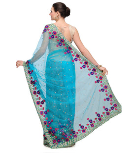 Turquoise Net Saree with Resham Sequin Work