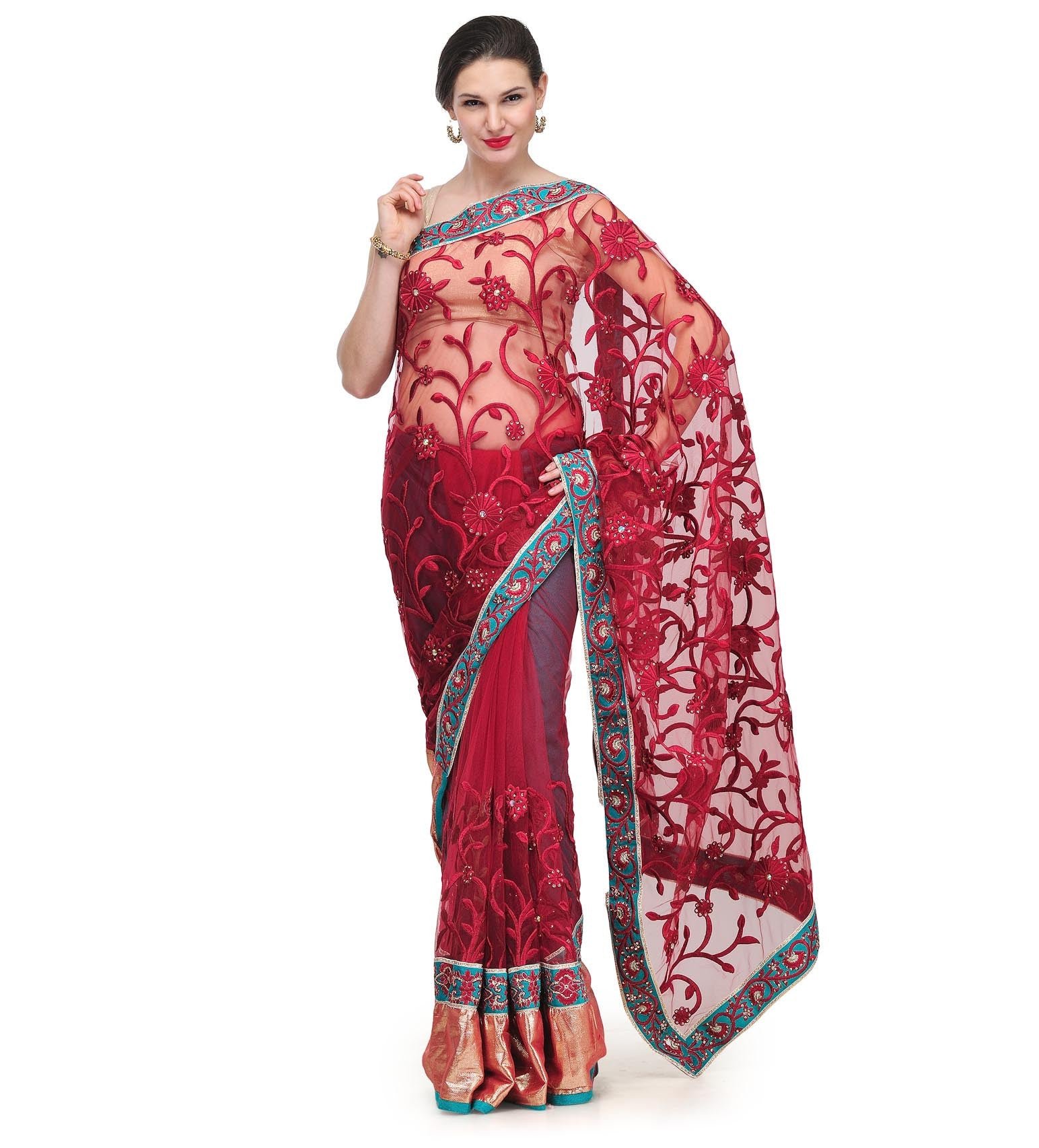 Maroon Net Saree with Resham Stone Work