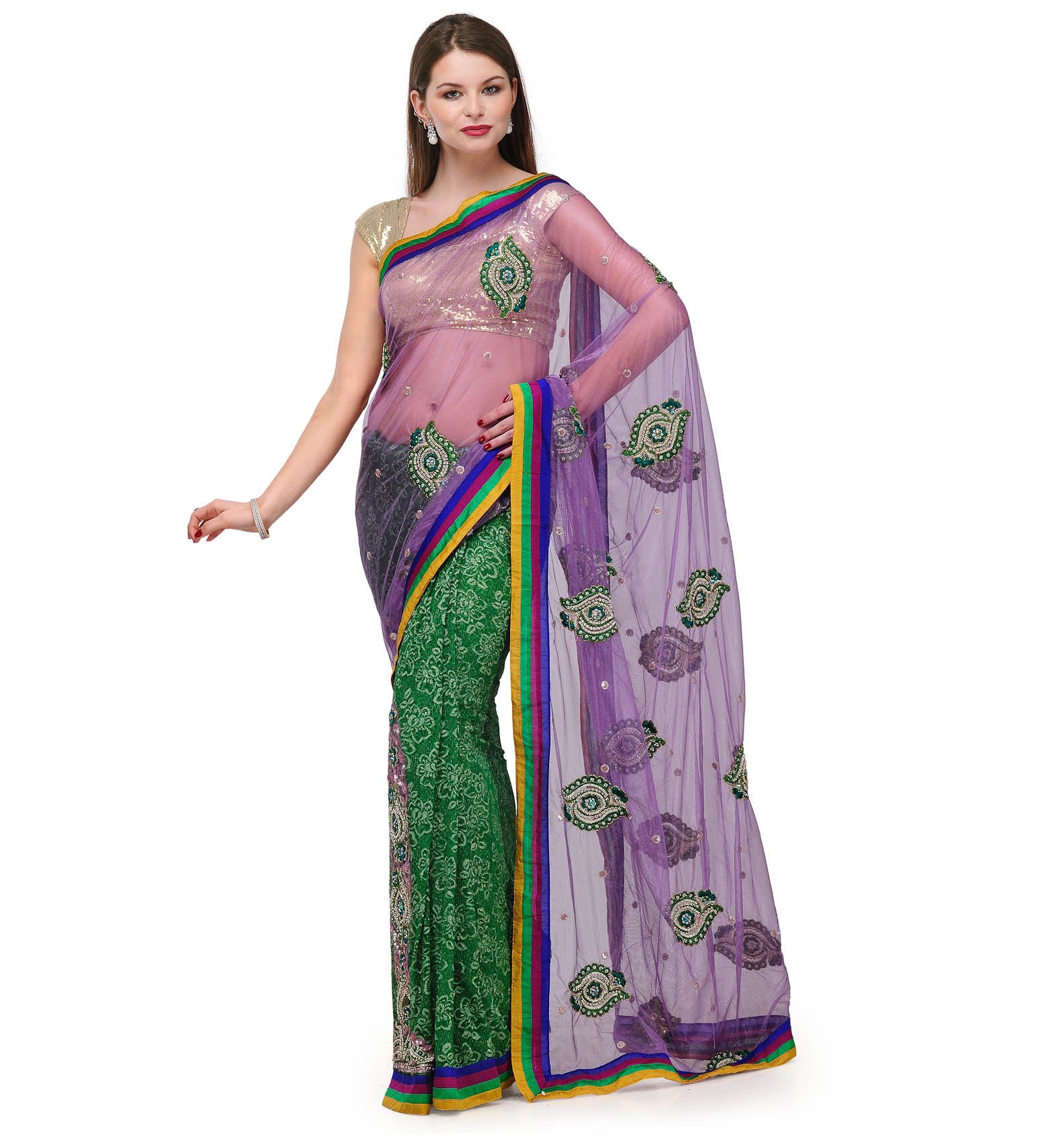 Purple & Green Net Saree with Hand Work