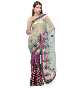 Sea Green & Purple Net Saree