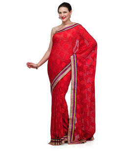 Red Faux Chiffon Jacquard Saree