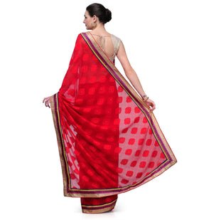 Red Faux Chiffon Jacquard Saree