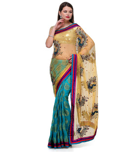 Beige & Sky Blue Net Saree