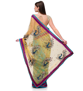 Beige & Sky Blue Net Saree